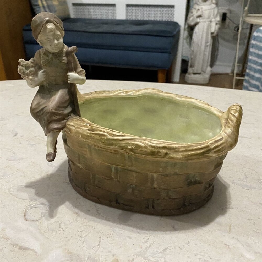 Vintage Planter Centerpiecew Figural Basketweave Oval Handles Girl Sitting Edge